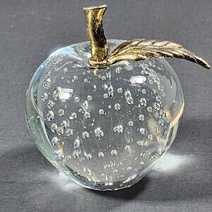 Vtg Sylvestri Clear Glass Apple Paperweight, Bubbles with Brass Leaf Stem, 2.5"